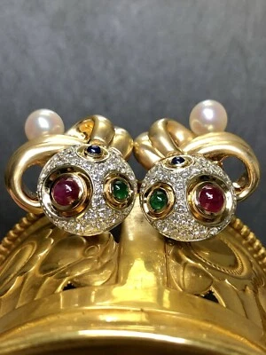 Vintage 14K Diamond Cabochon Ruby Sapphire Emerald Pearl Clip On Earrings 7.50ct - Image 1 of 4