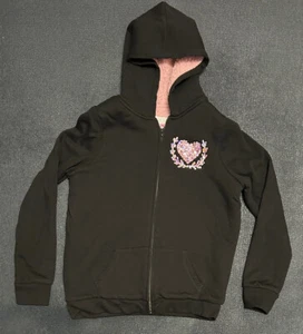 Childrens Place Girls Heart Hoodie Size XXL 16 Zip  Jacket Black Pink Fleece - Picture 1 of 9