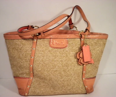 Coach Alexandra Python Peach Purse Straw Tote F21959 Studded Coral Handbag B1320 - Image 1 of 4