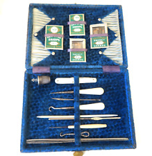 ANTIQUE BLUE SATIN &VELVET FITTED TOOLS SEWING  KIT,CASED.