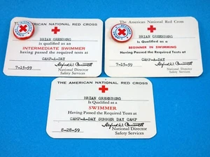 SET OF 3 VINTAGE 1959 AMERICAN Red Cross BEGINNER INTERMEDIATE SWIMMER PIN BACKS - Picture 1 of 7