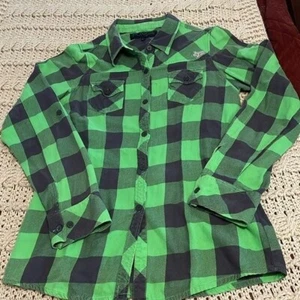 Fox Girls Green & Black Plaid Long Sleeve Flannel Shirt L 100% Cotton Made In Ch - Picture 1 of 15