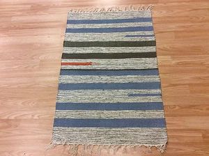 Striped Cream Blue Handloomed 100% Cotton Rag RUG Durrie Mat 60x90cm 2x3 50%OF - Picture 1 of 5