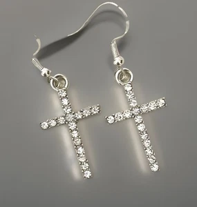 Silver Tone Rhinestone Crucifix Cross Dangle Earrings NWOT - Picture 1 of 7