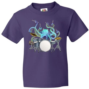 Inktastic Cute Blue Octopus Drumming Youth T-Shirt Sea Life Drums Drummer Drum - Picture 1 of 11