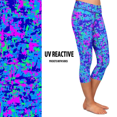 UV Reactive Fluorescent Neon Camo Capri Leggings with pockets - Image 1 of 2