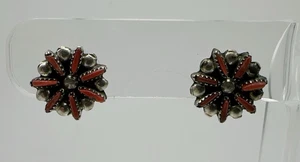 VTG Zuni Native American Sterling Silver Coral Petit Point Earrings 3.1g #ygn - Picture 1 of 7