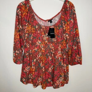NWT Torrid Size 00 Orange Floral Romantic 3/4 Sleeve Top Scoop Neck - Picture 1 of 11