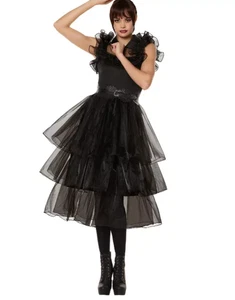 WEDNESDAY Addams ERWACHSENE schwarzes Midikleid Tüll Lagenlook Halloween Gothic Gr. L - Bild 1 von 8