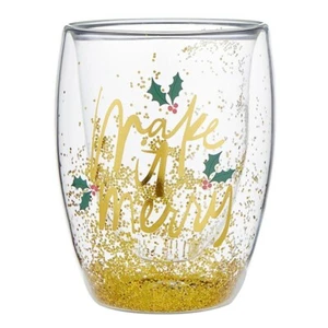 Cute and Fun MAKE IT MERRY Double Wall Stemless Wineglass - New - Gold - Picture 1 of 1