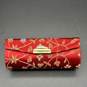 Vintage Lippenstift Etui mit Spiegel Druckknopfverschluss Rot Satin Feel Gold Floral Blumen - Bild 1 von 11