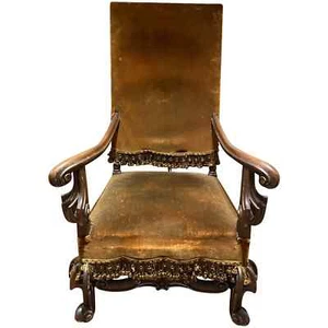 19th c Renaissance Revival Walnut Throne Arm Chair with Brown Velour Upholstery - Picture 1 of 11