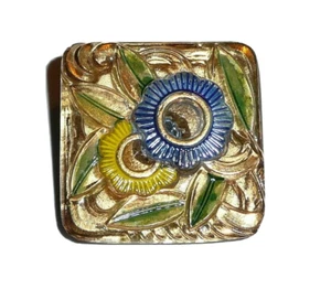 Maravillosa Flor Vintage Checa Cuadrada Vidrio Vástago Botón Dorado y Multi Clr 1-1/4" - Imagen 1 de 7