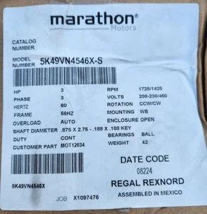 MARATHON 5K49VN4546X-S 3HP  MOTOR 3-PHASE 208-230/460V 1725/1425RPM - Picture 1 of 2