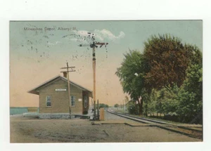 Vintage 1915 Postcard Milwaukee Depot Station Albany IL Illinois Railroad Train - Picture 1 of 2