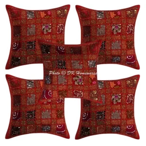 Baumwolle Überwurf Kissenbezüge Patchwork bestickt Pailletten 5er Set Kissen Indisch - Bild 1 von 6