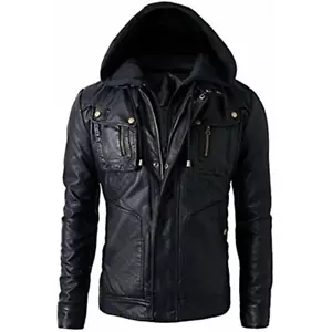 Men's Slim Fit Zipper Hoodie Leather Jacket Genuine Biker Hooded Jacket - Picture 1 of 5