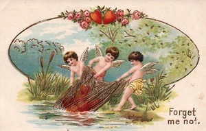 AK Valentinstag Amor ziehen Herzen vom Fluss Vergissmeinnicht 109 - Bild 1 von 2