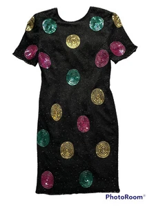Vtg 80’s 90’s Silk Beaded Sequin Dress Size 6 Cocktail Party Evening Leslie Fay - Picture 1 of 5