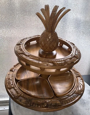 Monkey Wood Lazy Susan Hand Carved Pineapple Serving Tray TIKI MABINI - Image 1 of 4