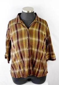 CJ Banks Plaid Top Plus Size 2X Brown Collared Crinkle Texture Button Up - Picture 1 of 9