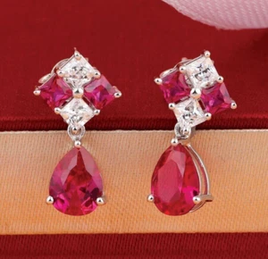 2.50Ct Pear Cut Lab Created Red Ruby Fancy Drop Earring In 14k White Gold Plated - Picture 1 of 8