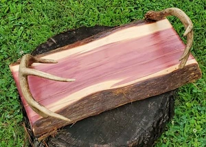Hand-made Live-edge Cedar and Antler Serving Tray Platter Unique Decor Accent - Picture 1 of 10