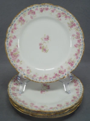 Набор из 4 лиможских розовых маргариток и синих цветочных и дымчатых золотых пластин GDA 7 1/2 дюйма - Изображение 1 из 4