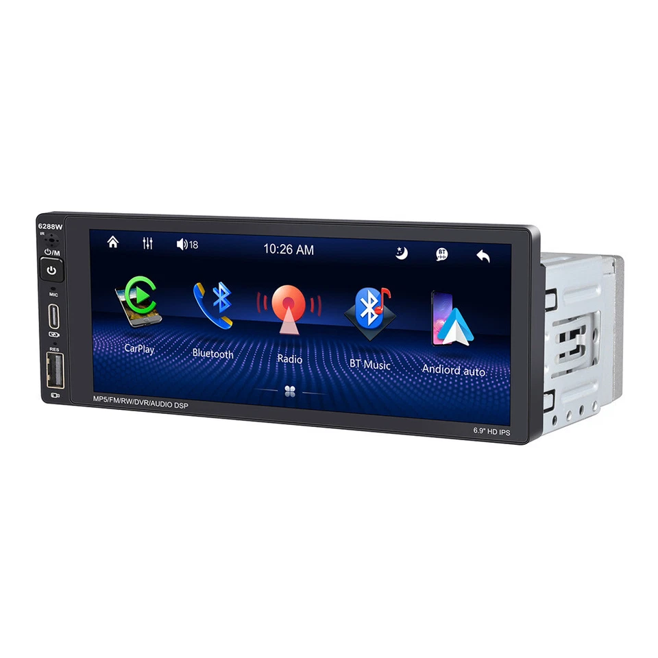6.9in Stereo Radio Touch Screen Single Din Car Carplay Player Bluetooth USB AUX - Image 1 of 4