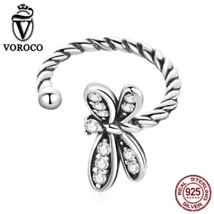 VOROCO Fashion 925 Sterling Silver Ear Cuff Earrings CZ Dragonfly Charm Jewelry - Picture 1 of 12