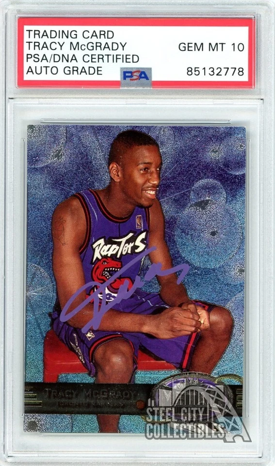 Tarjeta de novato Tracy McGrady 1997-98 Skybox metal autógrafo #42 PSA/DNA 10 (púrpura) Foto 1 de 1