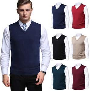 Mens Plain Knitted Sweater Vest Tank Top V-Neck Slim Fit Golf Sleeveless Jumper - Picture 1 of 28