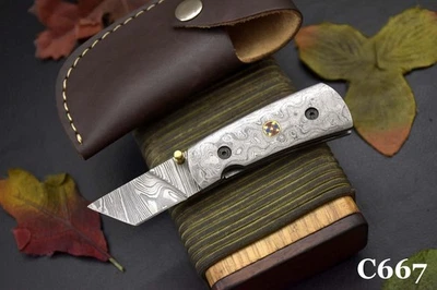 Custom Damascus Steel Tanto Folding Knife Handmade With Damascus Handle (C667) - Image 1 of 4