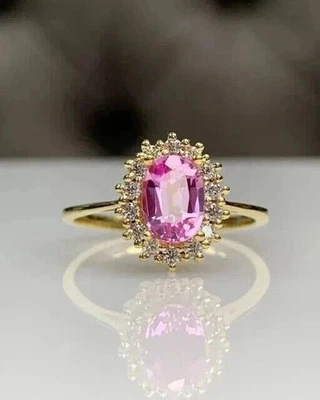 4.15 crt Oval Cut Pink Sapphire & Diamond Ring Real 14k SOLID Yellow Gold - Image 1 of 4