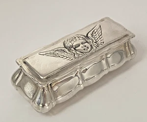 Antigua caja de baratijas de plata maciza Art Nouveau 1901 Repousse tapa de querubín forrada en dorado - Imagen 1 de 22
