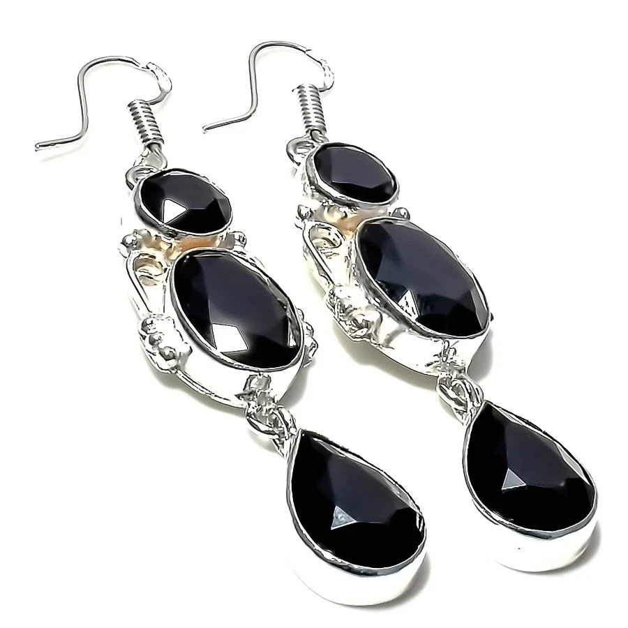 Black Spinel Gemstone 925 Sterling Silver Handmade Jewelry Earring Sz 2.60" - Image 1 of 1