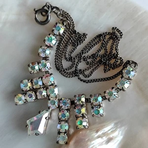 Vtg Aurora Borealis AB 835 silver necklace. Rhinestones Europe 1950-60s 6.3 g - Picture 1 of 14