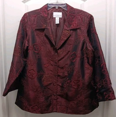 Susan Graver Style Sz. L Jacket Burgundy Taffeta Embroidered Sequins Holiday  - Image 1 of 4