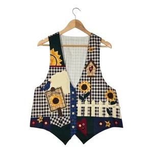 VTG Handmade Gingham Checked Vest XL* Sunflower Cottagecore Farmhouse Teacher - Picture 1 of 11