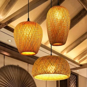 Naturgeflecht Bambus Rattan Pendelleuchte Schirm handgewebt Deckenlampe - Bild 1 von 18