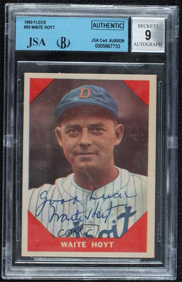 JSA Certified 1960 Fleer Baseball Greats Waite Hoyt #69 Encased by BGS Auto HOF - Image 1 of 2
