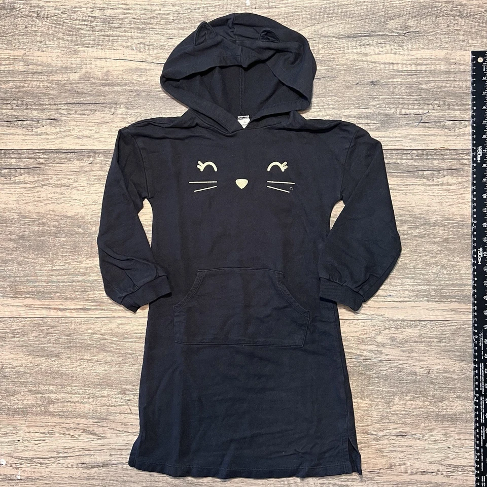女孩纯棉黑色小猫带帽和耳朵连帽连衣裙前口袋 8 码 — 第 1/4 张图片