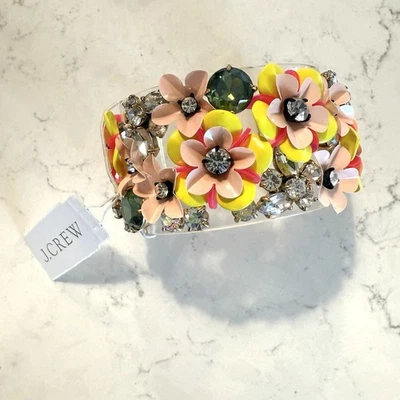 J Crew Cuff Bracelet Bangle 1.5” Crystals Flowers Rhinestones Clear Lucite NIB S - Image 1 of 4