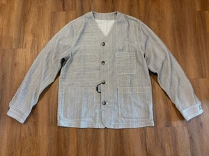 Men’s Patch Pocket Collarless Button Up Shirt Jacket, Medium, Striped, New  - Picture 1 of 3