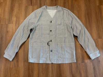 Men’s Patch Pocket Collarless Button Up Shirt Jacket, Medium, Striped, New  - Image 1 of 3