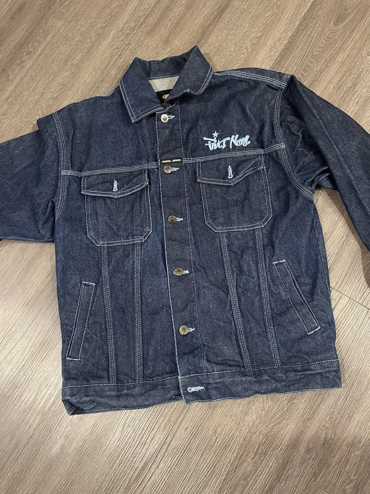 Jaqueta jeans vintage platina Nova masculina grande azul denim logotipo Phat Nova - Imagem 1 de 4