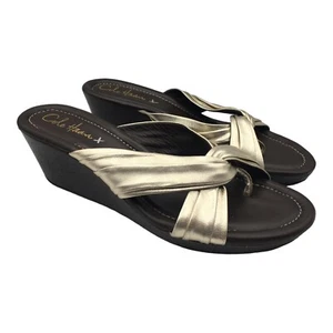 Cole Haan Wedge Platform Sandals Women's 9 B Gold Bow Brown Air Soles Slip On - Picture 1 of 7