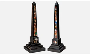 30" two Black Marble Obelisk Handcrafted Pietradura Inlay Work Living Decor - Picture 1 of 3