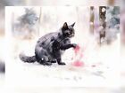Winter Elegance - Black Cat In Snow Watercolor Print 16" X 12"/ A3