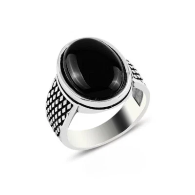 Fatto a Mano 925 Argento Sterling Uomo Anello Con Onice Nera Pietra - Elegante A - Immagine 1 di 4